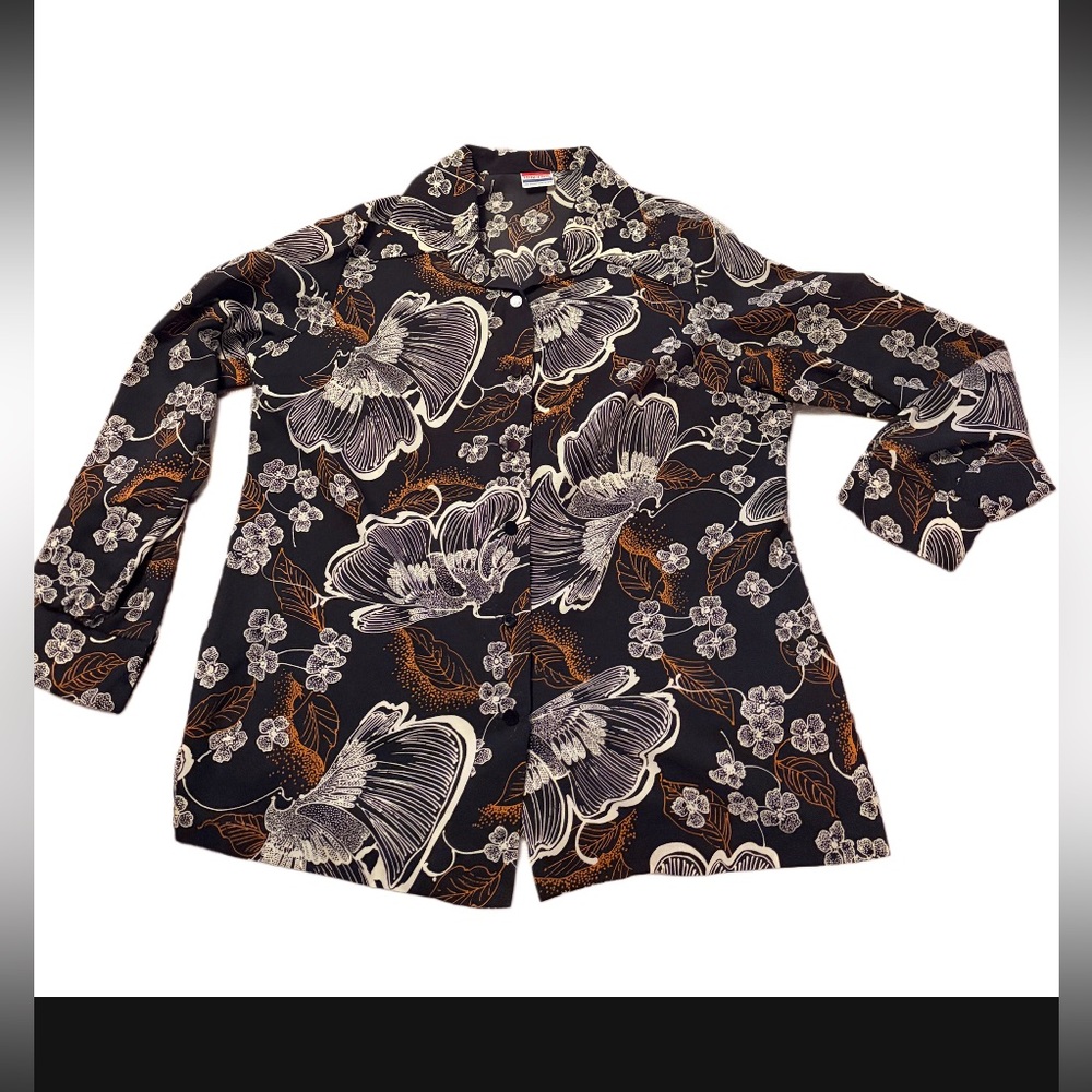 Vintage pykettes 70s shirt black‎ white and rust size xl
Floral